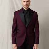 Single-breasted burgundy tuxedo with satin lapels