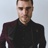 Single-breasted burgundy tuxedo with satin lapels