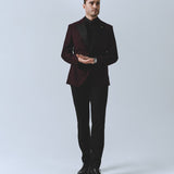 Single-breasted burgundy tuxedo with satin lapels