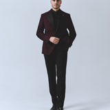 Single-breasted burgundy tuxedo with satin lapels