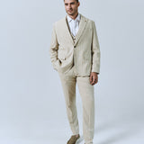 Men’s Beige Single-Breasted Linen Pinstripe Suit