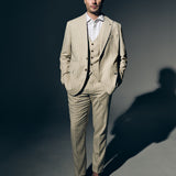 Men’s Beige Single-Breasted Linen Pinstripe Suit