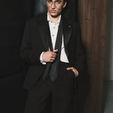 Men's elongated black wool tuxedo