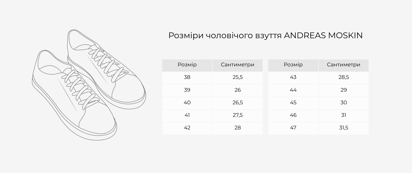Andreas Moskin men's footwear size chart: shoe size and foot length in cm
