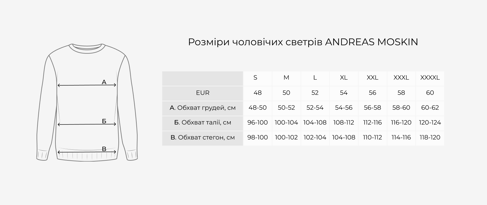 Andreas Moskin men's sweaters size chart: measurements in cm by size