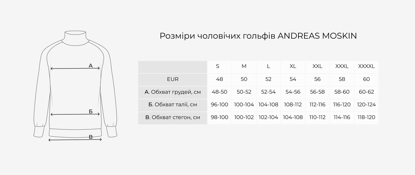Andreas Moskin men's turtlenecks size chart: measurements in cm by size
